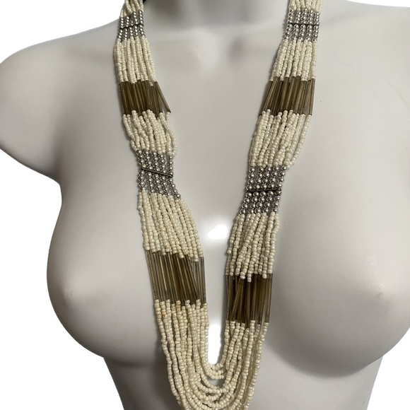White Seed Beads & Silver Multi-Strand Necklace - Picture 4 of 6